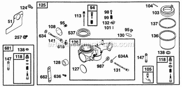 Carburetor Assy Diagram and Parts List for  Briggs and Stratton Engine